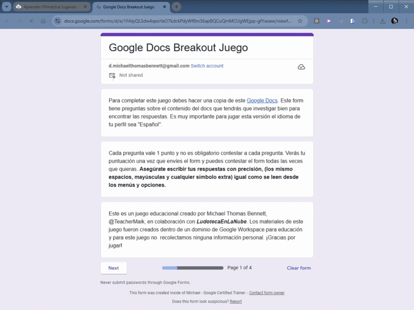 Prueba de Aprendizaje al estilo Escape Room para aprender Documentos de Google